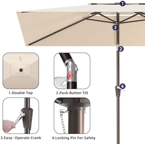 6.6x10ft Rectangular Patio Umbrella, 2 Tiers Outdoor Table Umbrellas with Push Button Tilt and Crank for Patio, Pool, Backyard, Deck, Picnic, Yard (Beige)