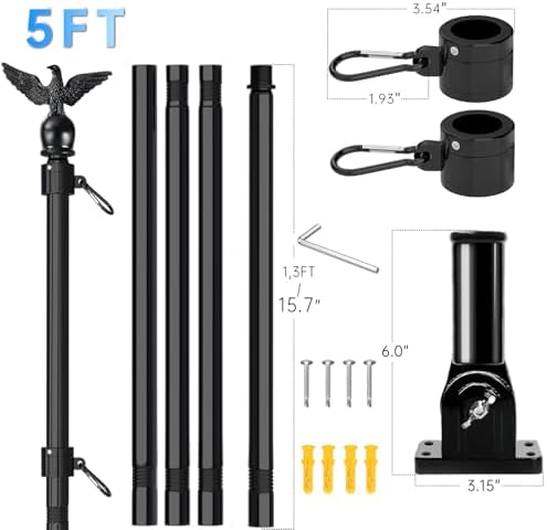 5FT Black Flag Pole Kit for Outside House with American Flag & Solar Light,1" Thickened Stainless Steel Wall Mount Flagpole with 180°Adjustable Bracket for Residential Outdoor Porch