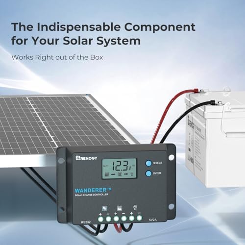 Renogy Wanderer 10A Solar Charge Controller - 12V/24V PWM Auto-Detect, LCD Display, USB & Lithium Support, Waterproof for RV Marine Off-Grid