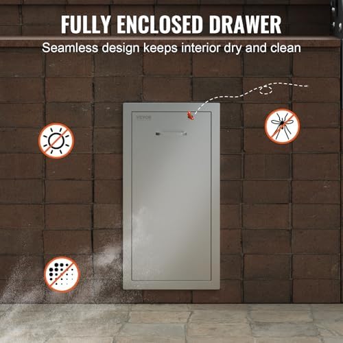 VEVOR Pull Out Trash Drawer 13.4"W x 25.7"H x 19.6"D Lower Sliding Rails Stainless Steel Roll Out Trash Bin Pull Out Tray Outdoor Kitchen Trash Drawer with Handle for BBQ Island Grill Station