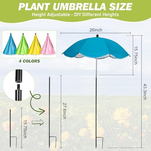 4 Pack Plant Umbrellas for Outdoor Plants,26" Larger Garden Umbrella Sun Shade for Garden Beds Potted Plants-Upgraded 43.3" Higher Adjustable Angle Plant Shade Cover Umbrellas for Plant Flower