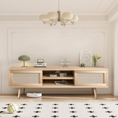 Rattan TV Stand for Bedroom, Entertainment Center for 55 Inch TV, Modern TV Stands with Storage, Small TV Media Table, TV Console Cabinet for Living Room, Farmhouse, Oak, Wood