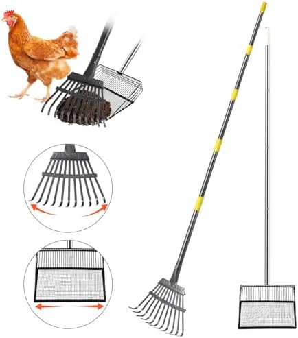 2pcs adjustable heavy 10 inch wide shovel area of chicken scooper for poop（36.6-61.8"long）and 11 tooth chicken coop rake（36.7-73"long）. Suit for cleaning chicken coops, racecourses, and sheep pens