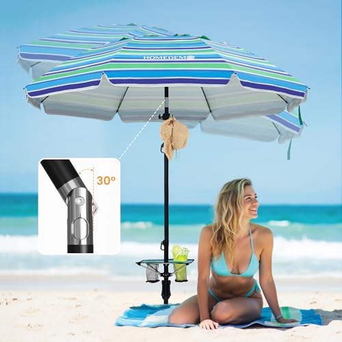 HOMEDEMO 7ft Beach Umbrellas For Sand Heavy Duty Wind, Portable Beach Umbrella UPF 50+ Windproof Outdoor Beach Umbrella with Sand Anchor, Tilt Pole, Carry Bag, Table Tray, Vent and Hook