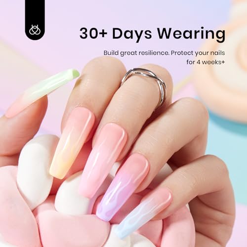 Beetles Builder Gel for Nails, 6 Colors 7 in 1 Summer Building Nail Gel for Nail Apex and Extension in Strengthener Hard Gel Macaron Pink Blue Green Yellow Purple Glitter Pastel Gel Polish