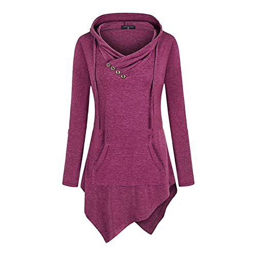 JEsilunmaMY Womens Hoodies Long Sleeve V Neck Irregular Hem Pullover Tops Solid Color Loose Patch Pocket Hooded Sweatshirt (Red3,Small)