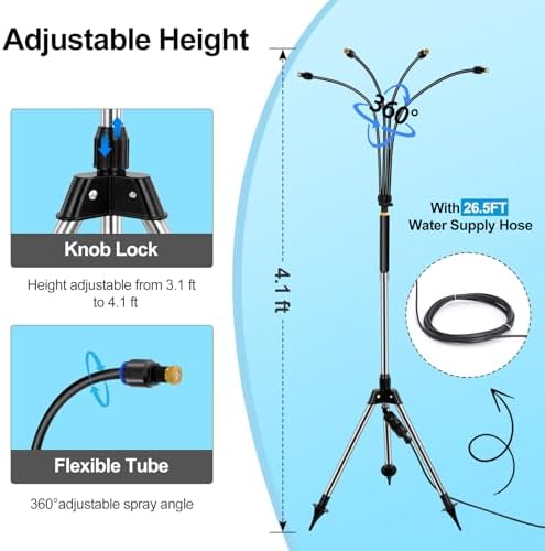 Misters for Outside Patio, Adjustable 4.1FT Standing Misting Cooling System with 26.2FT (8M) Water Supply Line， Outdoor Water Mist Hose for Cooling Backyard Garden Pool Tanning BBQ Kids Playing