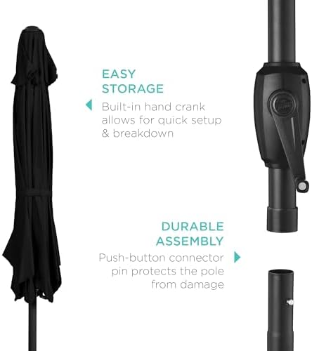 Best Choice Products 7.5ft Heavy-Duty Round Outdoor Market Table Patio Umbrella w/Steel Pole, Push Button Tilt, Easy Crank Lift - Black