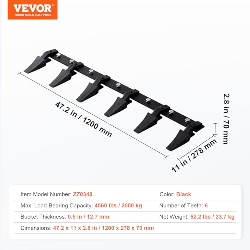 VEVOR Bucket Tooth Bar, 48'', Heavy Duty Tractor Bucket 6 Teeth Bar for Loader Tractor Skidsteer, 4560 lbs Load-Bearing Capacity Bolt On Design, for Efficient Soil Excavation and Bucket Protection