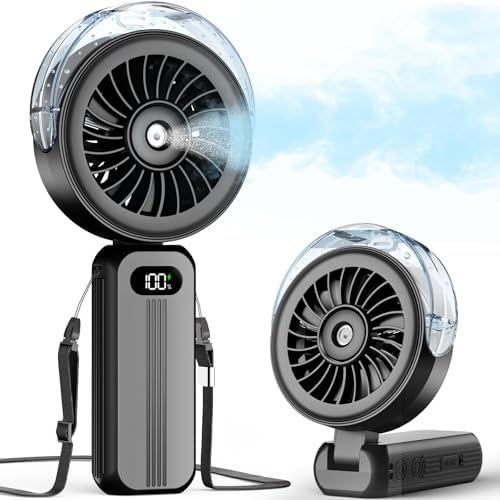 Otlonpe Handheld Misting Fan Portable, Powerful 4 High Speeds Rechargeable Small Hand Held Fan Water Mist, 4000mAh Battery Operated, Foldable, Lanyard, Personal Cooling for Travel Men Women (Black)