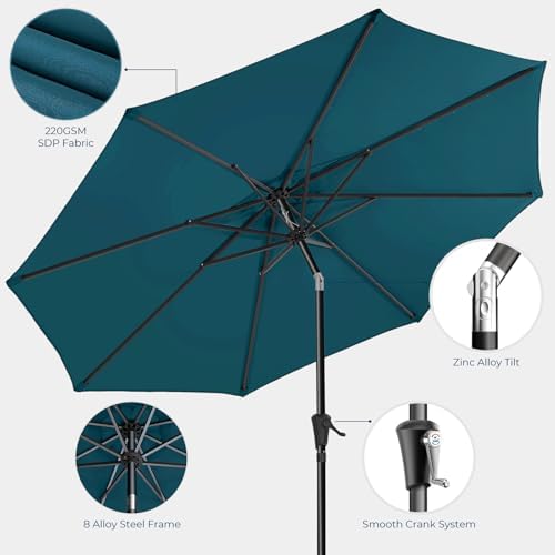 HOMSHADE 9ft Outdoor Patio Umbrella - Market Table Pool Deck Umbrella UPF50+ UV Protection with Push Button Tilt, Crank and 8 Sturdy Ribs (Peacock Blue, No base)