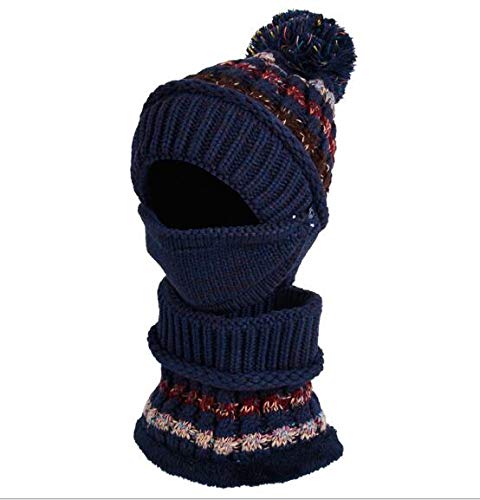 3 in 1 Winter Knitted Beanie Hat Scarf Mouth Face Warmer Set for Women Girls, Thermal Fleece Lined Ski Caps with Pompom Neck Warmer (Fashion Navy Blue)