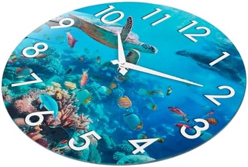 Outdoor Clock Waterproof - Nautical Ocean Decor Indoor Outdoor Wall Clocks for Patio Pool Garden Bathroom Home - Blue 12 Inch Glass, Sea Turtle Underwater Theme
