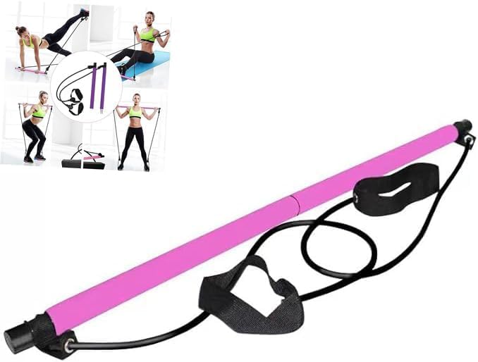 Pilates Bar, Plates Sculpt Bar, Pilates Bar Kit with Resistance Bands, Pilates Bar Kit, Stretched Fusion Pilates Bar, Exercise Equipment, Squat, Yoga for Full Body (Pink)