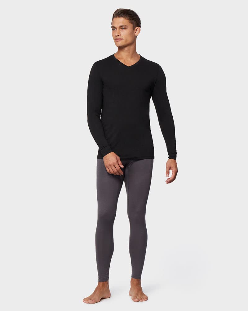 32 Degrees Men's Lightweight Baselayer V-Neck Top | Long Sleeve | Form Fitting | 4-Way Stretch | Thermal, Black, Small