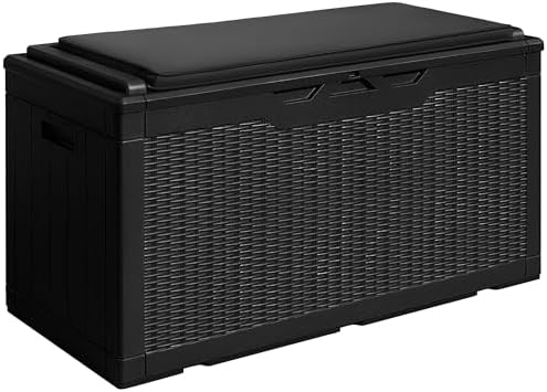 Devoko 100 Gallon Waterproof Large Resin Deck Box Outdoor Storage Box Indoor Lockable Storage Container with Cushion for Patio Furniture Garden Pool Cushions (Black)