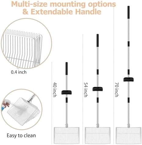 15-inch Large Chicken Poop Scooper with Ergonomic Grip, 4 in 1 Adjustable Chicken Coop Pooper Shovel (24 to 70"), Sifting Litter Shovel Scoop for Chicken Coop/Goat Stall/Stable Cleaning