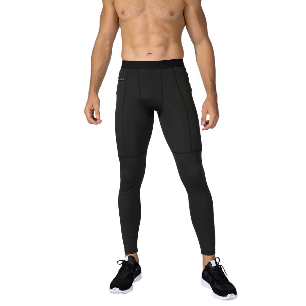TopTie Men's Compression Pants Zipper Pocket Baselayer Sports Tights Leggings-Black-M