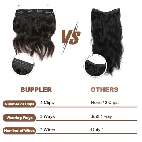 BUPPLER Halo Hair Extensions 12 Inch Invisible Wire Hair Extensions Adjustable Long Wavy Hair Extensions Synthetic Upgrade 4 Secure Clips in Hairpieces 12 Inch,Jet Black to Brown