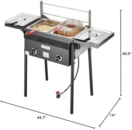 VEVOR Outdoor Propane Deep Fryer, Double Burners Commercial Fryer, 16 Qt Stainless Steel Cooker with Removable Baskets & Lids & Tanks, Oil Fryer Cart with Thermometer & Regulator, For Outdoor Cooking