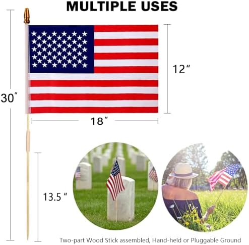 24 Pack 12x18 Inch American Flags For outside, US Flags with Kid-Safe Spear Top, Pluggable ground Multi-Purpose wood Flagpole , Patriotic Decorations, Memorial Day, 4th of July decorations,Independence Day Patriotic Holiday Yard Garden Flags