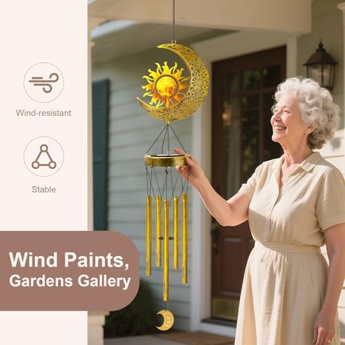 JYPS Sun Moon Solar Wind Chimes, 47-Inch Large Waterproof Windchimes for Outside with Glowing Crackle Glass Ball, Garden Patio Yard Decor Mother's Day Birthday Unique Gifts for Women Mom Grandma Wife