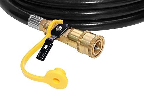 DOZYANT 12ft RV Propane Quick Connect Hose with Elbow Conversion Fitting for Blackstone 17inch and 22inch Table Top Griddle - 1/4 inch Safety Shutoff Valve & Male Full Flow Plug