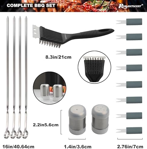 ROMANTICIST 20pc Heavy Duty BBQ Grill Tool Set in Case - The Very Best Grill Gift for Father's Day and Christmas - Professional BBQ Accessories Set for Outdoor Cooking Camping Grilling Smoking, Grey