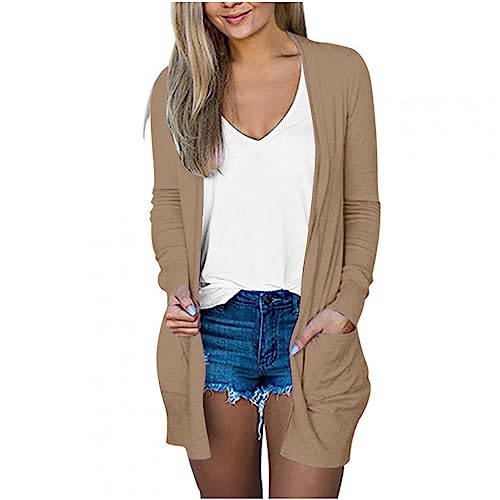 Lightweight Cardigan for Women 2024 Fall Casual Solid Long Sleeve Open Front Cardigans Outwear with Pockets Deep Khaki