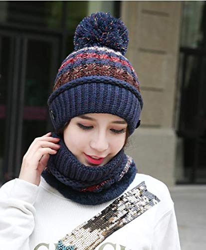 3 in 1 Winter Knitted Beanie Hat Scarf Mouth Face Warmer Set for Women Girls, Thermal Fleece Lined Ski Caps with Pompom Neck Warmer (Fashion Navy Blue)