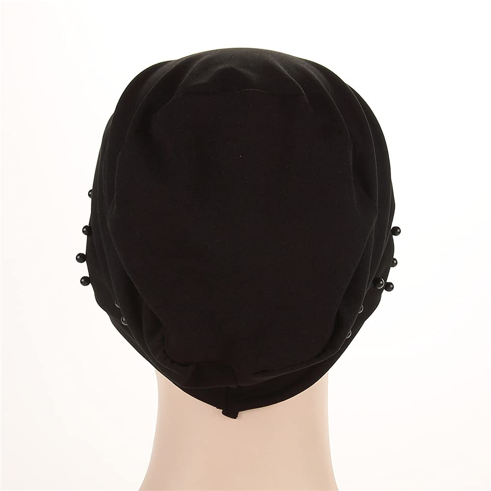 Fxhixiy Women Turban Head Wrap Pre-Tied Beaded Silky Cap Chemo Beanies Chemical Cancer Hair Cover Hat (Black)