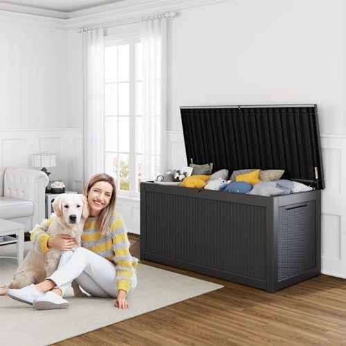 260 Gallon Resin Deck Box, Lockable Patio Outdoor Storage Box for Furniture, Garden Tools and Tools Storage, Waterproof Outside Storage Boxes - Black