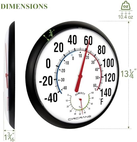 Circrane 13.25 Inch Round Thermometer with Hygrometer, Large Indoor Wall Patio Bimetal Weather Thermometer, No Battery Required, Black