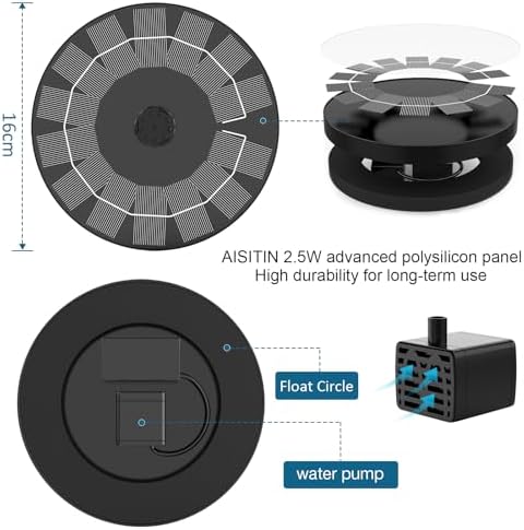 AISITIN 2.5W Solar Bird Bath Fountain, Solar Fountain for Bird Bath with 6 Nozzles, 6.7" Solar Powered Water Fountain for Garden, Ponds, Pool, Fish Tank, Outdoor and Aquarium, 2 Pack