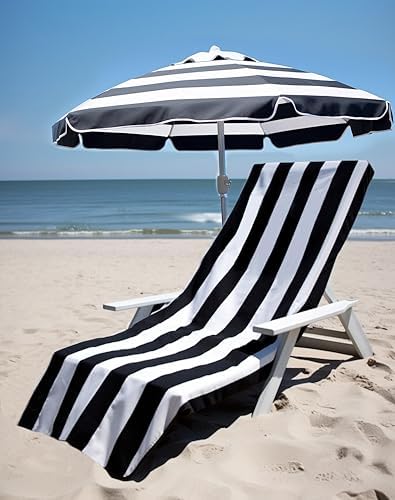 COTTON CRAFT Pool Lounge Chair Cover - 2 Pack - Chaise Spa Beach Chair Towel Cover - Cabana Stripe - Soft 100% Ringspun Terry Cotton - Oversized 32 inch Wide x 82 inch Long with 7 inch Pocket – Black