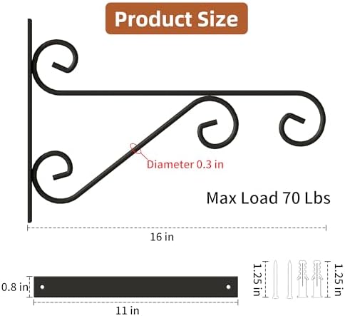 2 Pack 16 Inch Plant Hangers Outdoor Bracket, Indoor Wall Mount Metal Heavy Duty Rust-Resistant Bird Feeder Plant Hooks for Hanging Planters, Flower Baskets, Black