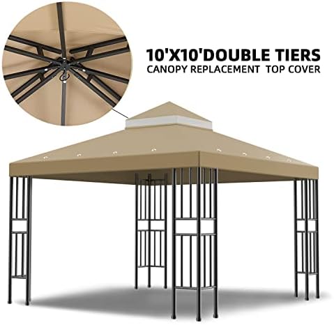 Sumfaller 10x10 FT Gazebo Replacement Canopy Top Cover Double Tiered Canopy Top Cover for Outdoor BBQ Roof Cover Grill Shelter (Brown)