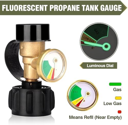 2 PCS Propane Tank Gauge with Leak Detector – Universal Level Indicator for 5-40lb Tanks – QCC1/Type 1 Connection – Brass Construction for BBQ Grills, Camping Stoves & Heaters RV Camper