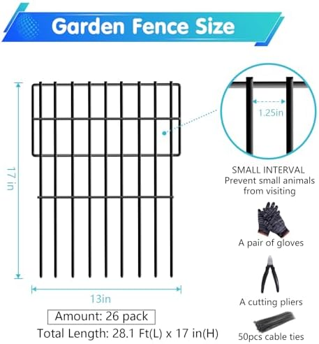 26 Panels No Dig Fence, 28ft(L) x 17in(H) Dog Digging Fencing Barrier, 1.2in Gap Animal Barrier for Bottom of Fence, Rustproof Metal Garden Edging Border Ground Defense Blockers for Outdoor Patio