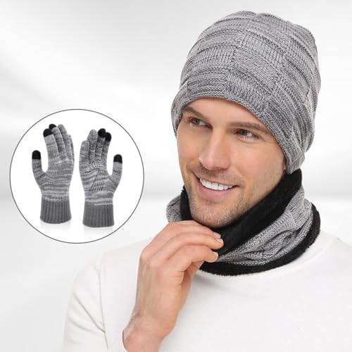 Mens 3 Pieces Winter Warm Beanie Hat Scarf and Touchscreen Gloves Set,Knit Cap Neck Warmer with Fleece Lined (Beanie+Scarf+Gloves(Grey01))