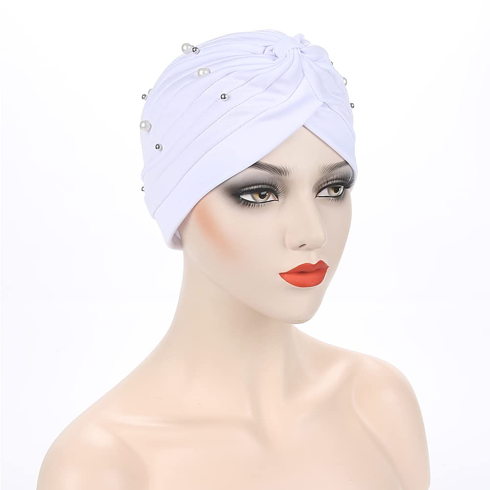 Fxhixiy Turban Hats for Women Beaded Pre Tied Knot Hats Chemo Beanies Headwrap caps for Cancer Hair Cover (White)