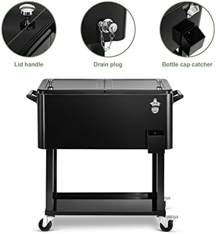 EDOSTORY 80 Quart Rolling Ice Chest Cooler Cart,Patio Backyard Party Drink Beverage Bar Stand Up Cooler Trolley with Ice Scoop