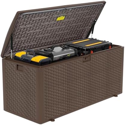 Premium Pro Edition 150 Gallon Lockable Resin Deck Box, Waterproof & UV-Resistant Outdoor Storage Box for Outdoor Cushion Storage, Garden Tools & Pool Accessories Storage, Brown