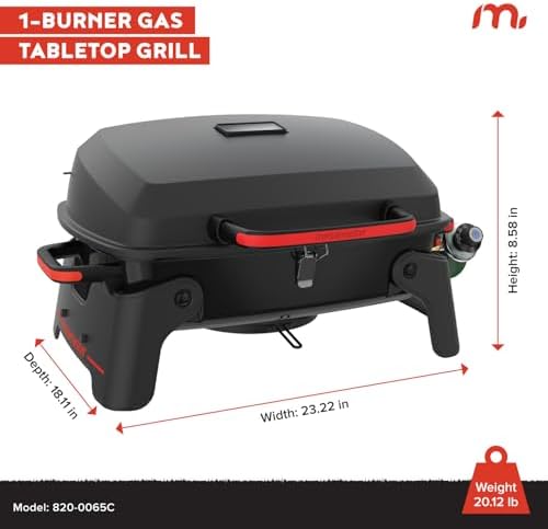 820-0065C 1 Burner Portable Gas Grill for Camping, Outdoor Cooking , Outdoor Kitchen, Patio, Garden, Barbecue with Two Foldable legs, Red + Black
