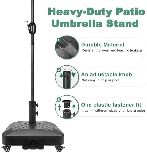 DZ4733 MS Patio Umbrella Base Heavy Duty with Wheels Square Market Stand for Outdoor 4 Locks 1 Knobs 125lb Capacity, Black