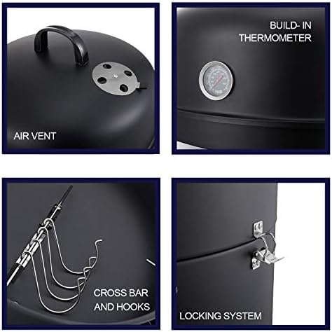 Realcook Vertical 17 Inch Steel Charcoal Smoker, Heavy Duty Round BBQ Grill for Outdoor Cooking, Black