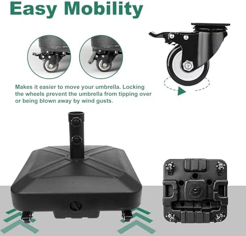 DZ4733 MS Patio Umbrella Base Heavy Duty with Wheels Square Market Stand for Outdoor 4 Locks 1 Knobs 125lb Capacity, Black
