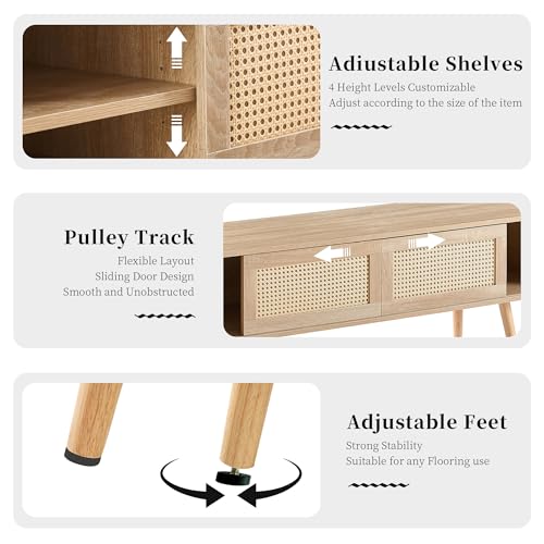 Rattan TV Stand for Bedroom, Entertainment Center for 55 Inch TV, Modern TV Stands with Storage, Small TV Media Table, TV Console Cabinet for Living Room, Farmhouse, Oak, Wood