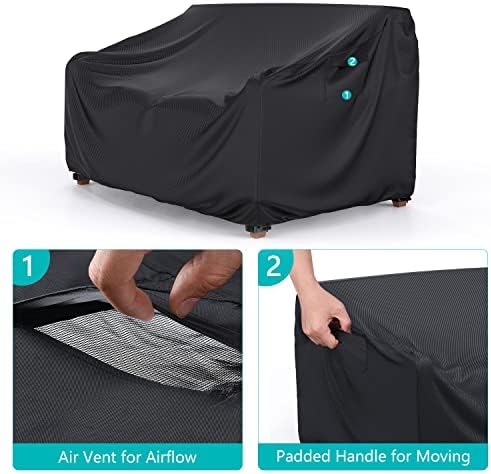 Patio Sofa Cover Waterproof - Heavy Duty 2-Seater Outdoor Couch Cover Patio Furniture Covers with Air Vent and Handles, 60" L×34" D×30" H, Black