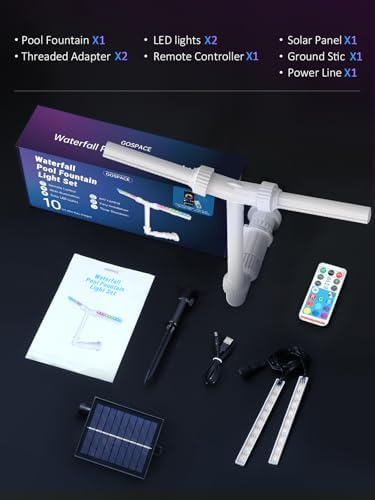 Pool Fountain with Solar Lights, for Above and In-ground Pool with 10-Color LED Lights, Control by APP, 360°Adjustable Dual Spray Waterfall Sprinkler